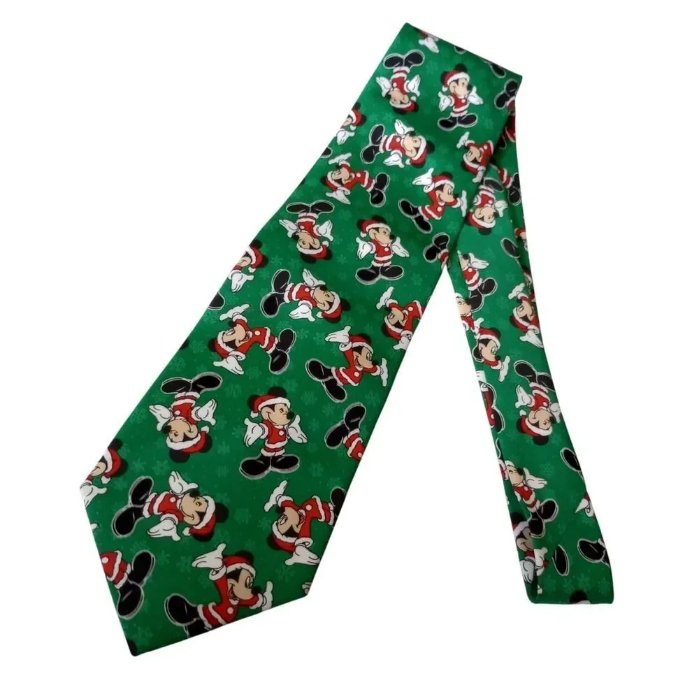 Vintage NWT Disney Mickey Mouse Santa Christmas Tie Green Holiday Necktie Mens